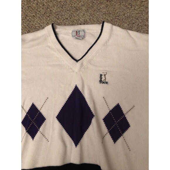 PGA Tour Golf Long Sleeve Argyle Pullover V Neck Sweater Mens Large White Purple - Picture 7 of 16